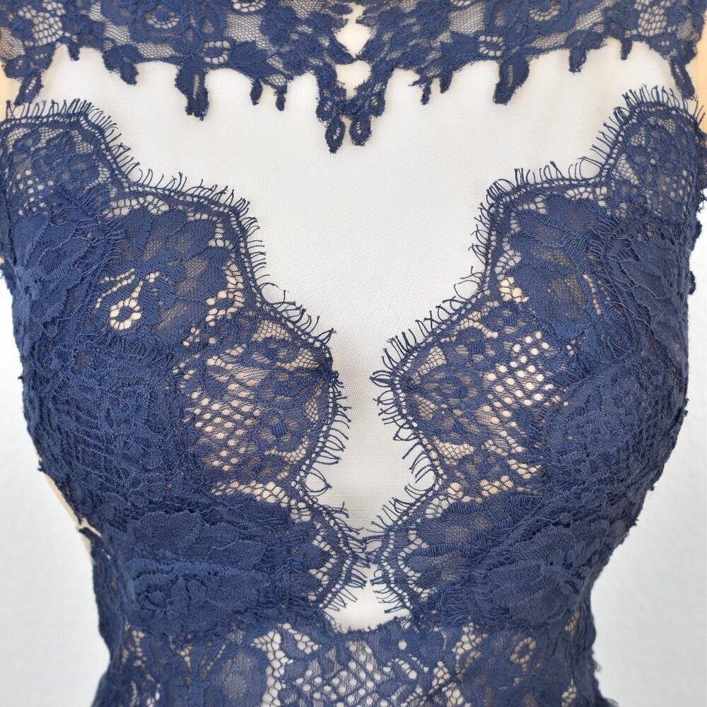 Sherri Hill 5207 Navy Blue Lace Illusion Open Back Gown - 12 - Picture 3 of 14